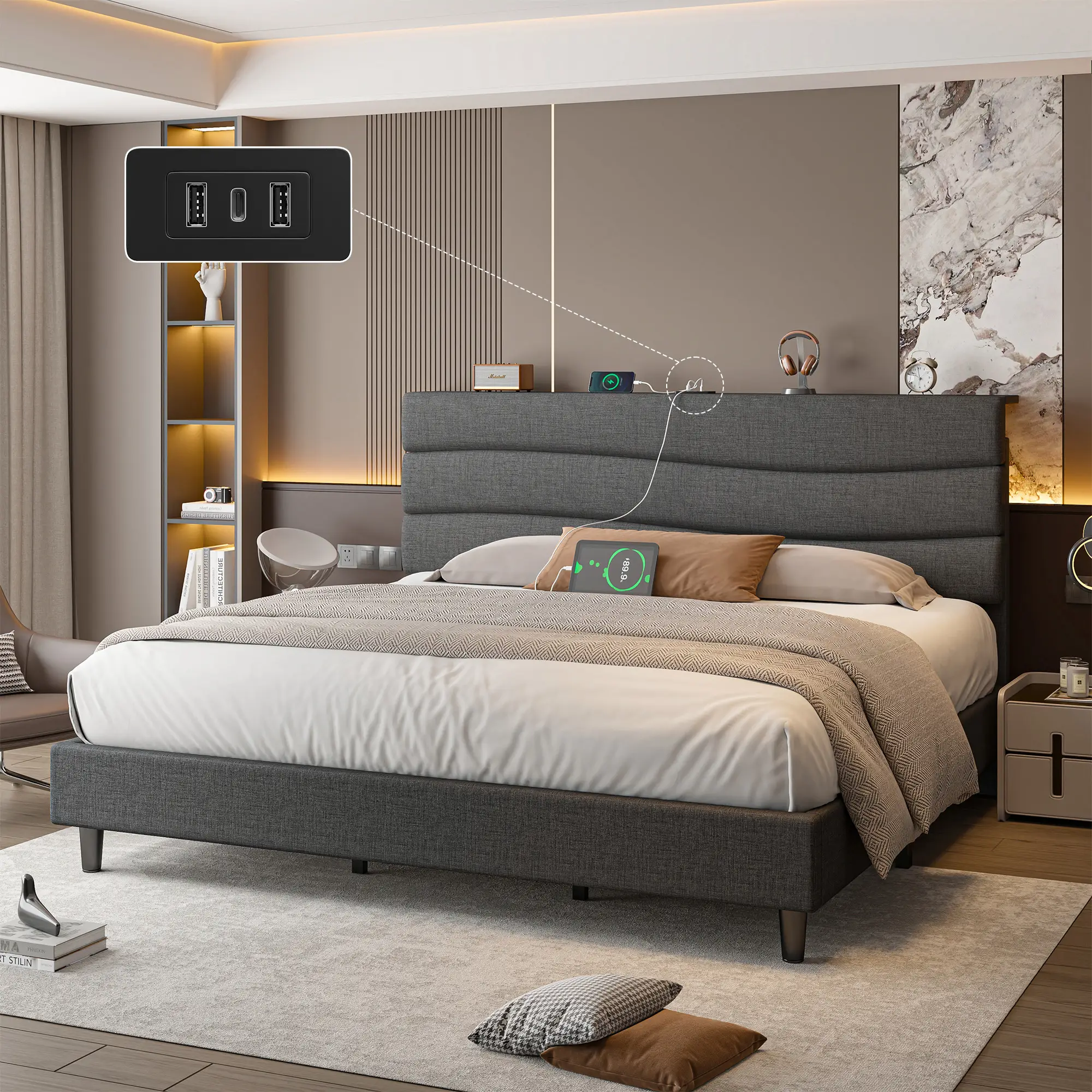 Raybee Bed Frame Upholstered Headboard Height Adjustable Wavy Line Top Storage Shelf & USB Type-C Charging Noise-Free Qeen Beige,Cream,Gray,King,Full