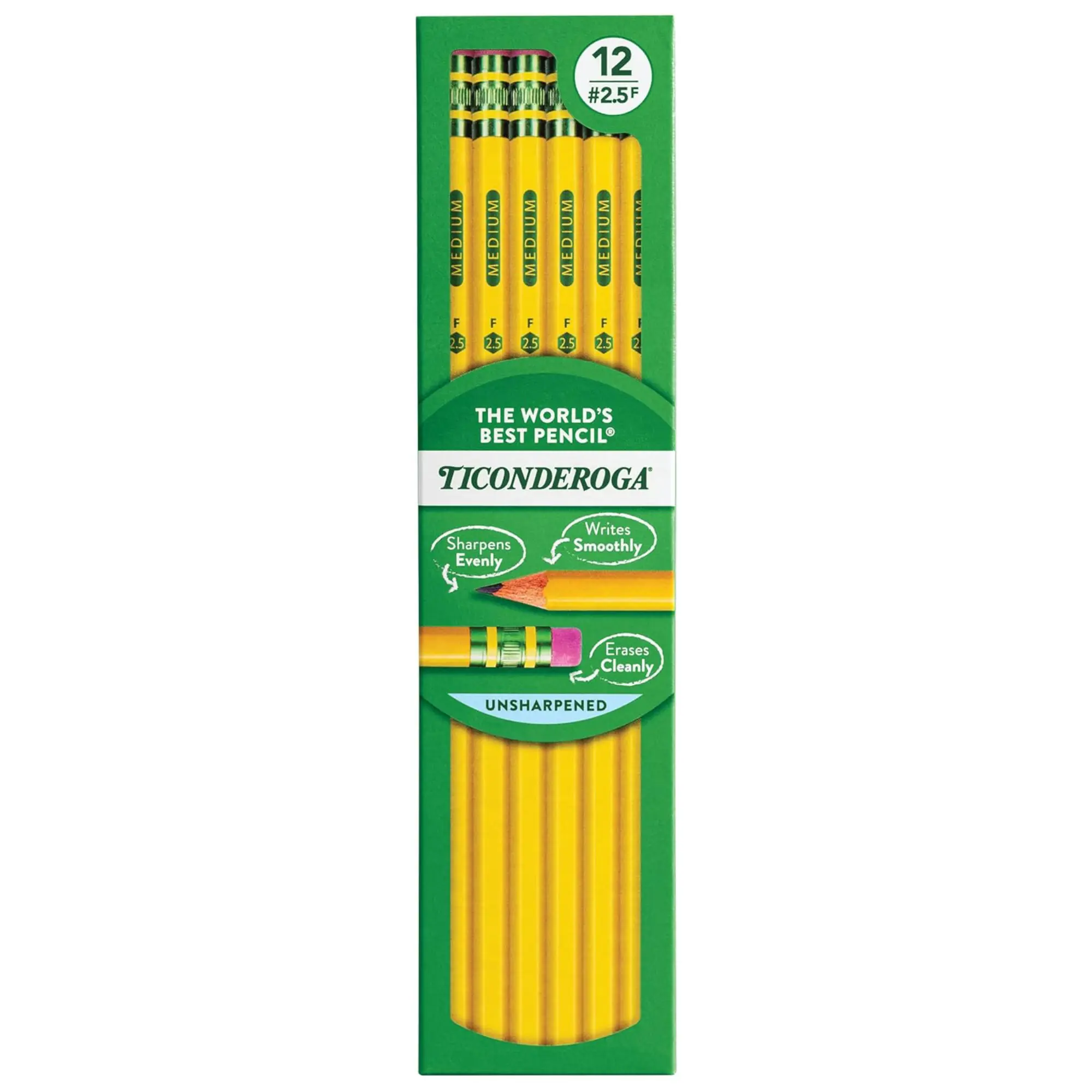 Ticonderoga Wood-Cased Pencils, Unsharpened, 2.5 F Medium, Yellow, 12 Count