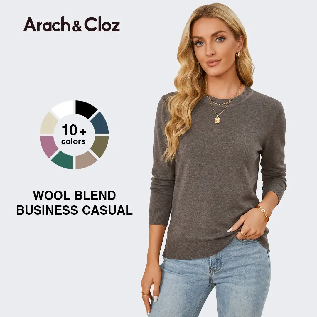 Arach&Cloz Women Spring Fashion Wool Blend Sweater 2026 Long Sleeve Crew Neck Business Casual Pullover Tops Trendy Outfits SummerVibes