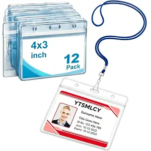 12 Pack Lanyards for ID Badges Blue Lanyard with Secure Attachment, ID Holder and Clear Plastic Horizontal Badge Holder with Clear Visibility 4"x3" Wateproof ID Card Holders, Durable, Bulk Pack, ID Card Clip, Office Supplies