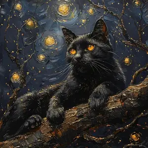 5D DIY Full Drill Diamond Painting Kit Black Cat Starry Night Tree Branch Scenery Art Craft for Adults Home Wall Decor