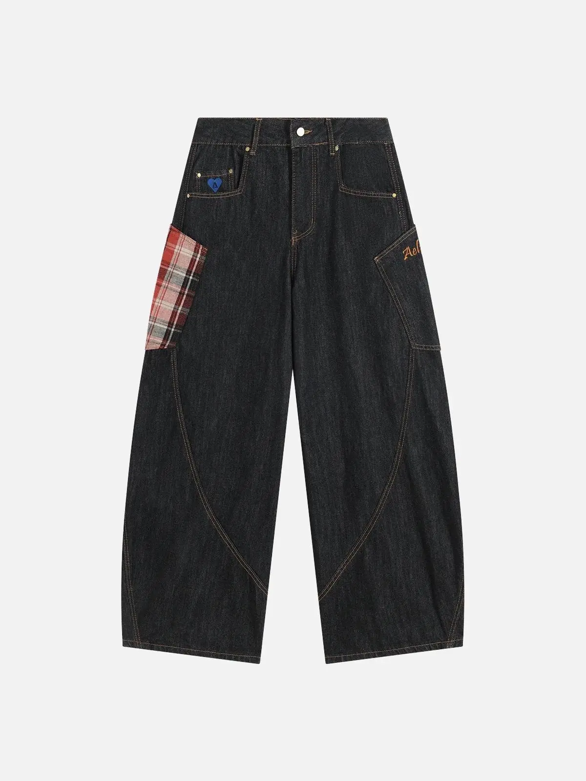 Aelfric Eden Unisex Plaid Patchwork Baggy Barrel Denim Jeans, Wide Leg Casual Menswear Clothes, Stylish Classic Straight Leg Vintage Trousers, Barrel Jeans