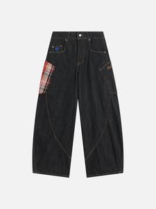 Aelfric Eden Unisex Plaid Patchwork Baggy Barrel Denim Jeans, Wide Leg Casual Menswear Clothes, Stylish Classic Straight Leg Vintage Trousers, Barrel Jeans,father'sdaygifts