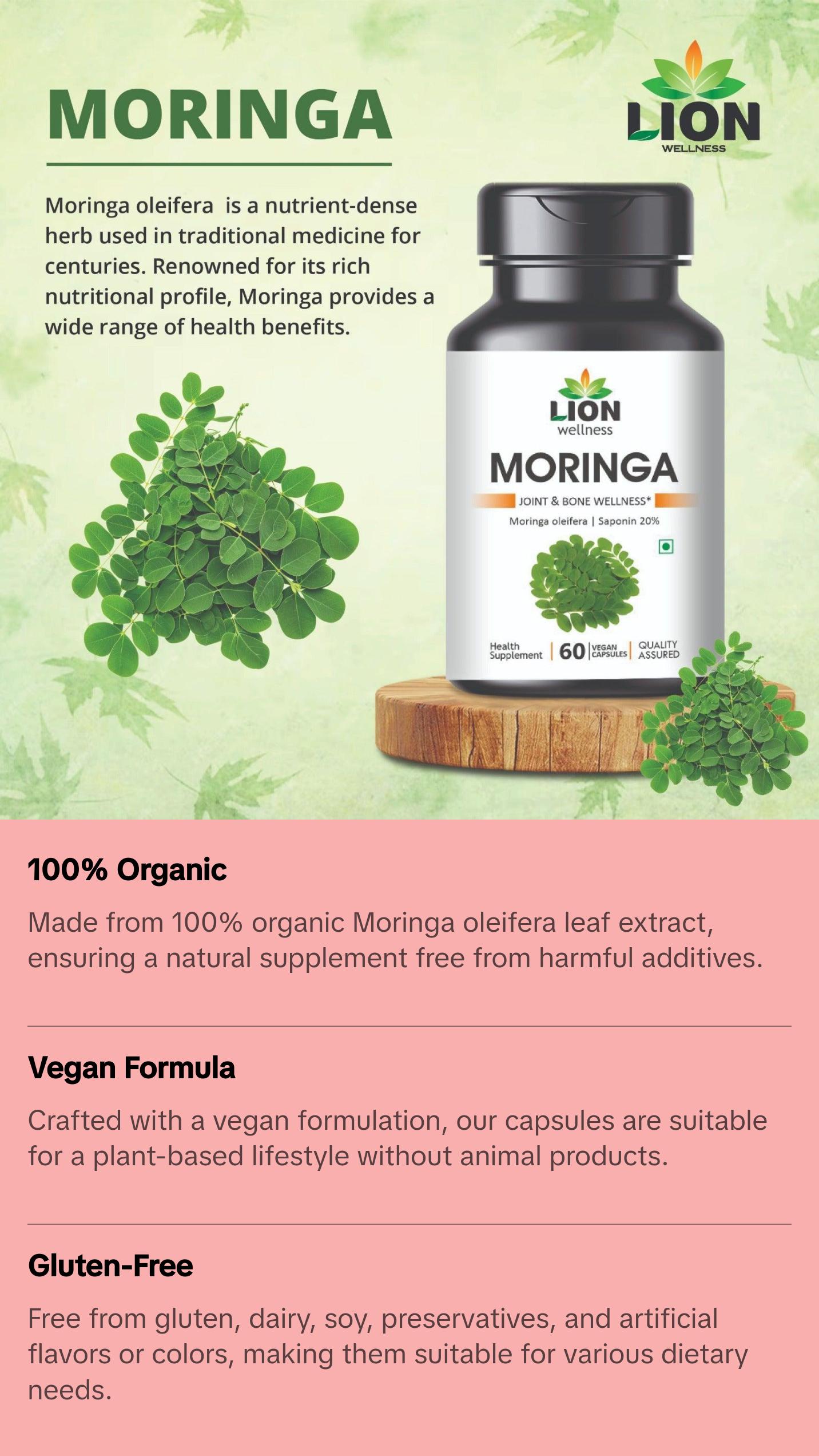 Moringa Capsules I 100% Organic & Vegan - Natural Herbal Capsules for Health Benefits