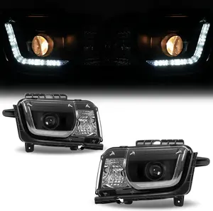 HECASA Pair Projector Headlight Compatible with 2010-2013 Chevy Chevrolet Camaro Replacement for GM2502346 GM2503346 w/LED Tube DRL Front Light Lamp Left & Right - Clear Lens Black Housing