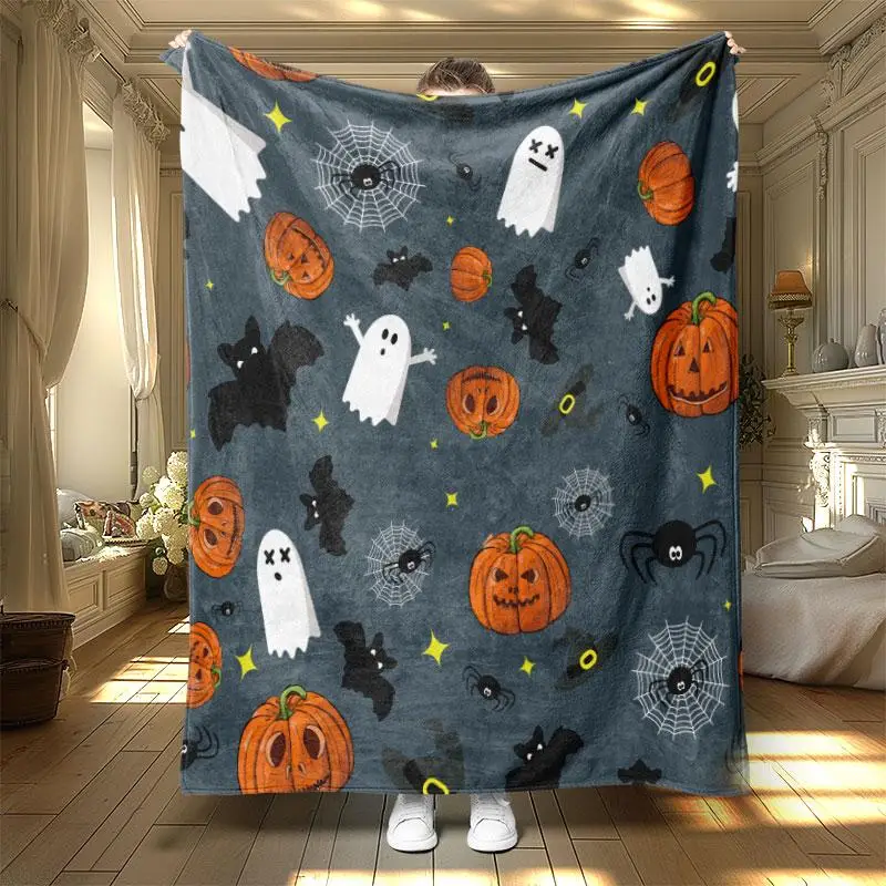 Pumpkin & Ghost & Bat Pattern Blanket, 1 Count Soft Warm Throw Blanket, Halloween Themed Air-conditioned Room Warm Nap Blanket for Home Office Travel,