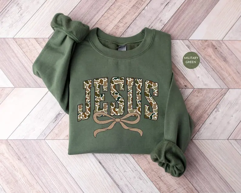 Camo Jesus Sweatshirt, Camouflage Coquette Jesus Sweatshirt, Christian Shirt, Faith Sweater Jesus Catholic Sweatshirt, For Women, For Men