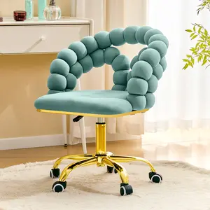 Modern Velvet Adjustable Swivel Desk Chair with Bubble Back, Upholstered Vanity Chair with Gold Metal Base, Rolling Office Chair for Home Office, Bedroom, Makeup Room, Teal (Set of 1)