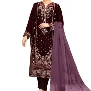Indian Pakistani Dress Casual Womenswear Navy Velvet Embroidered Anarkali Suit with Dupatta