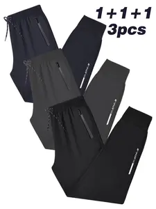 Men’s Summer Ice Silk Sports Pants, 3 Pieces – Drawstring Waist, Zipper Pockets, Comfortable Breathable High-Elastic Fabric, Suitable for Outdoor Running and Gym Use Year-Round