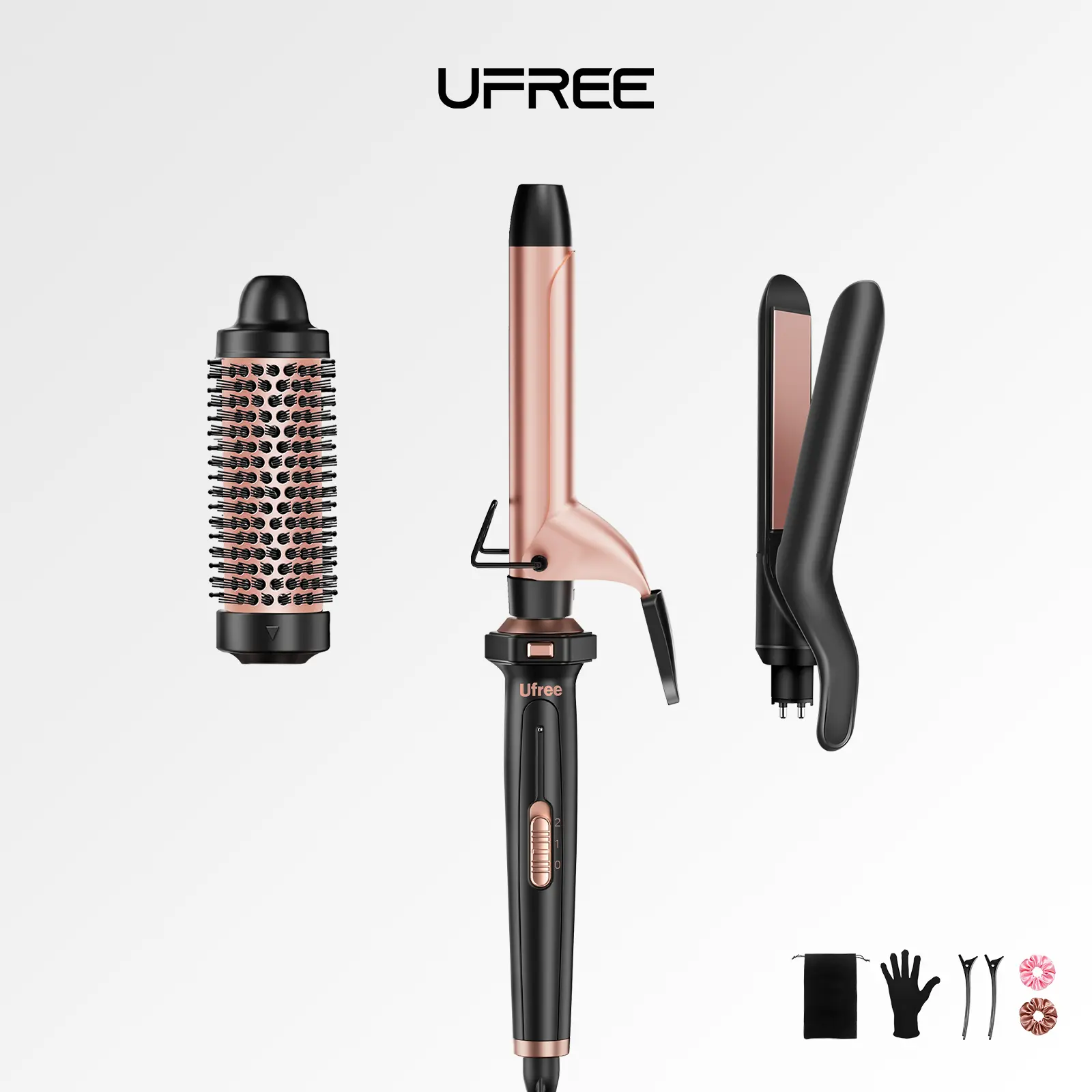 Ufree 3-in-1 Curling Iron Set - Curling Wand, Thermal Brush, Flat Iron Hair Straightener, Dual Voltage, Instant Heat Up Curlers, Includes Protective Glove & 2 Clips, Gift for Women, & Straighteners Heat Up Curlers