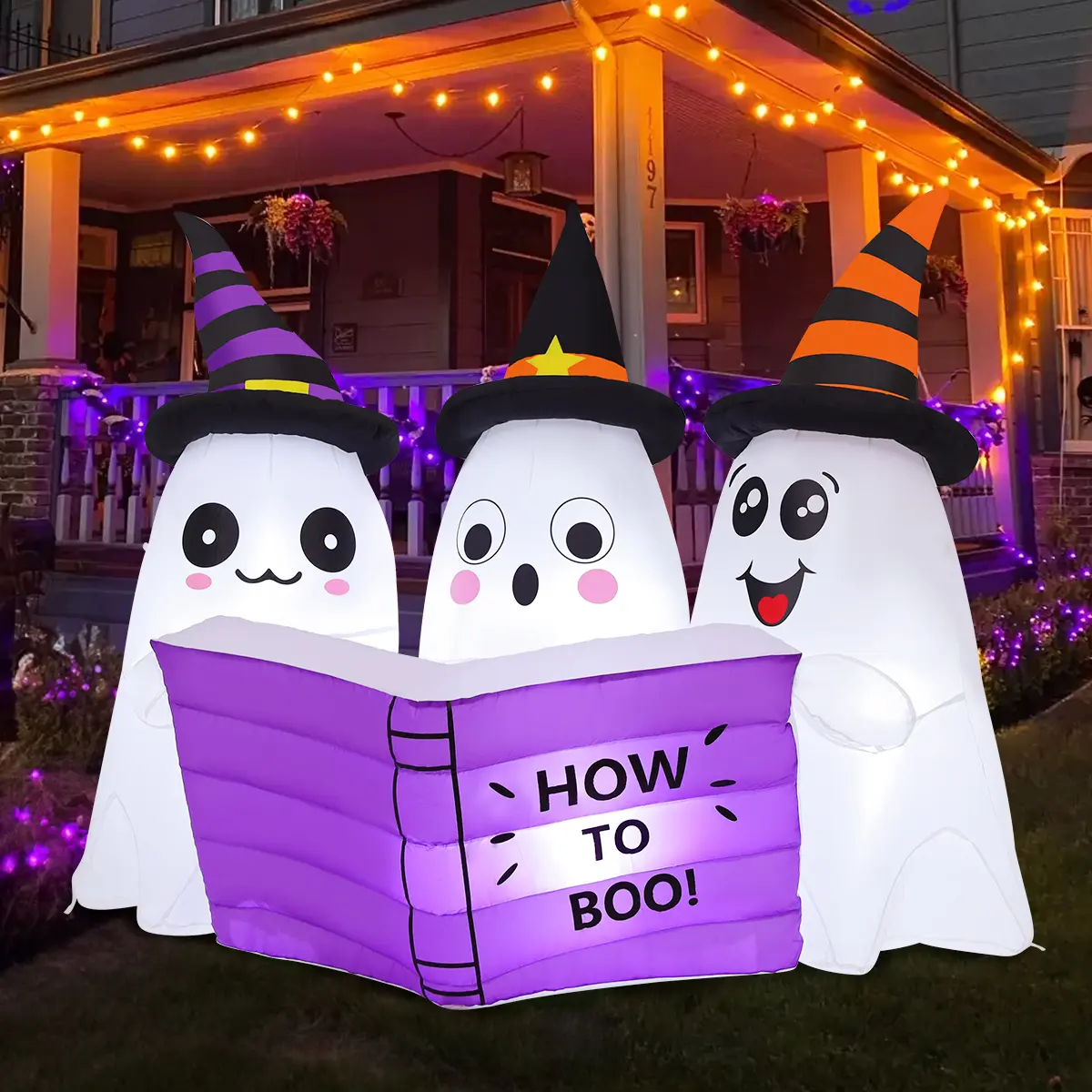 GOOSH 5.2FT Halloween Inflatable Outdoor Yard Decoration with Built-in LED Lights, Ghosts Reading Book Lawn Decor