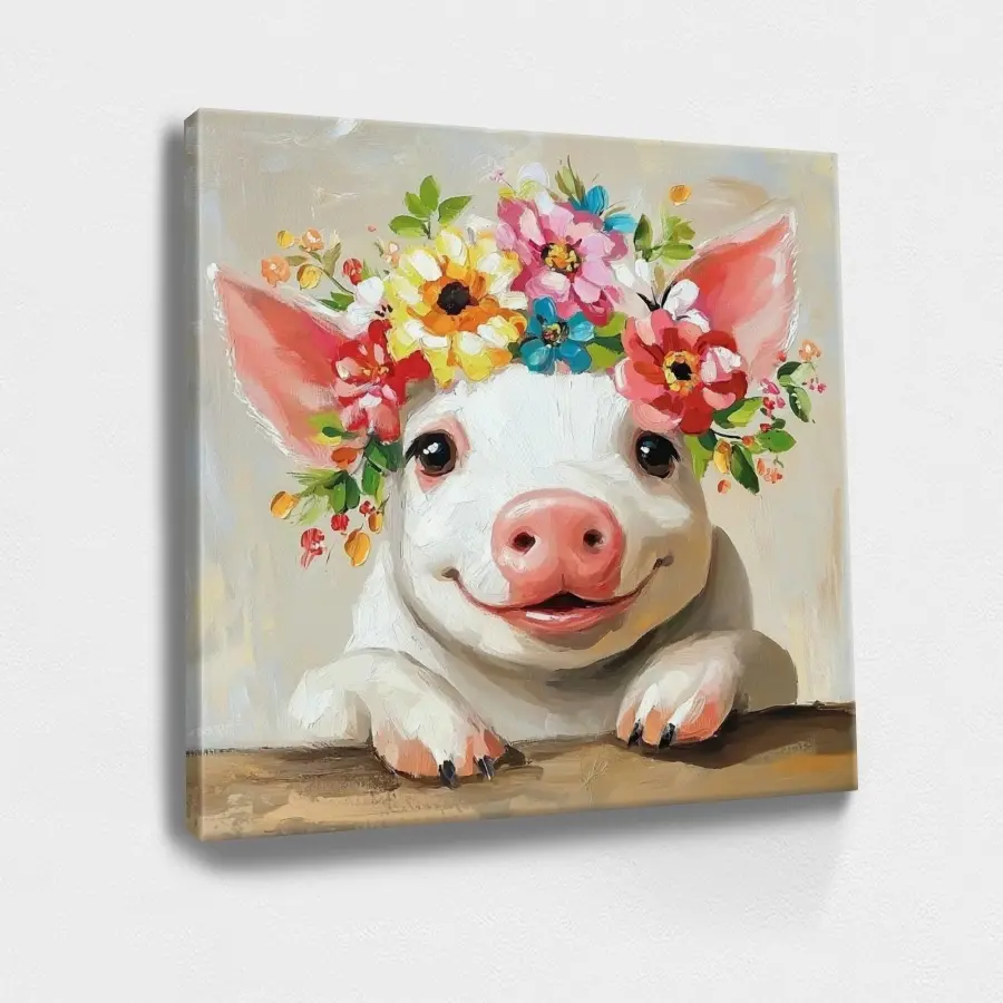 8x8x0.8in Artistic Wood Framed Botanical Wall Art Print - Colorful Realistic Whimsical Pig with Flower Crown, Nature-Themed Home Decor, Room Poster Gift (1pc), 08X08x0.8inch