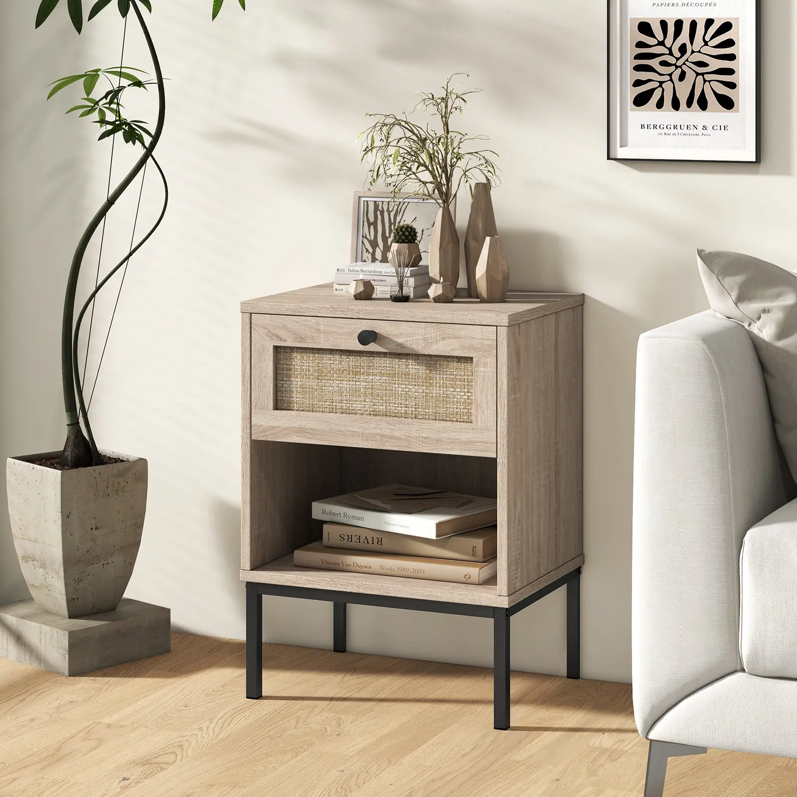 COSTWAY - Rattan Nightstand Boho End Table with Rattan Drawer and Open Shelf Set of 2-Oak