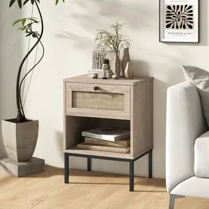 COSTWAY - Rattan Nightstand Boho End Table with Rattan Drawer and Open Shelf Set of 2-Oak