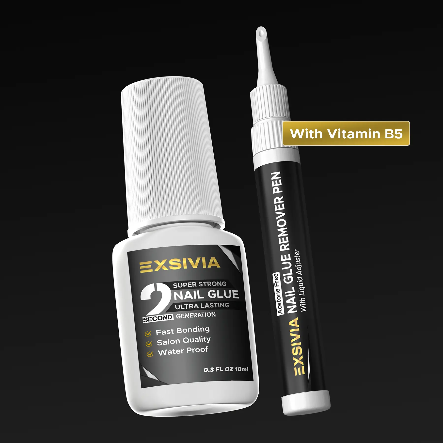 EXSIVIA Super Strong Nail Glue 10ml + Acetone-Free Nail Glue Remover 10ml Refillable Pen, Fast Bond Waterproof Long Lasting Glue for Press On & False Nails