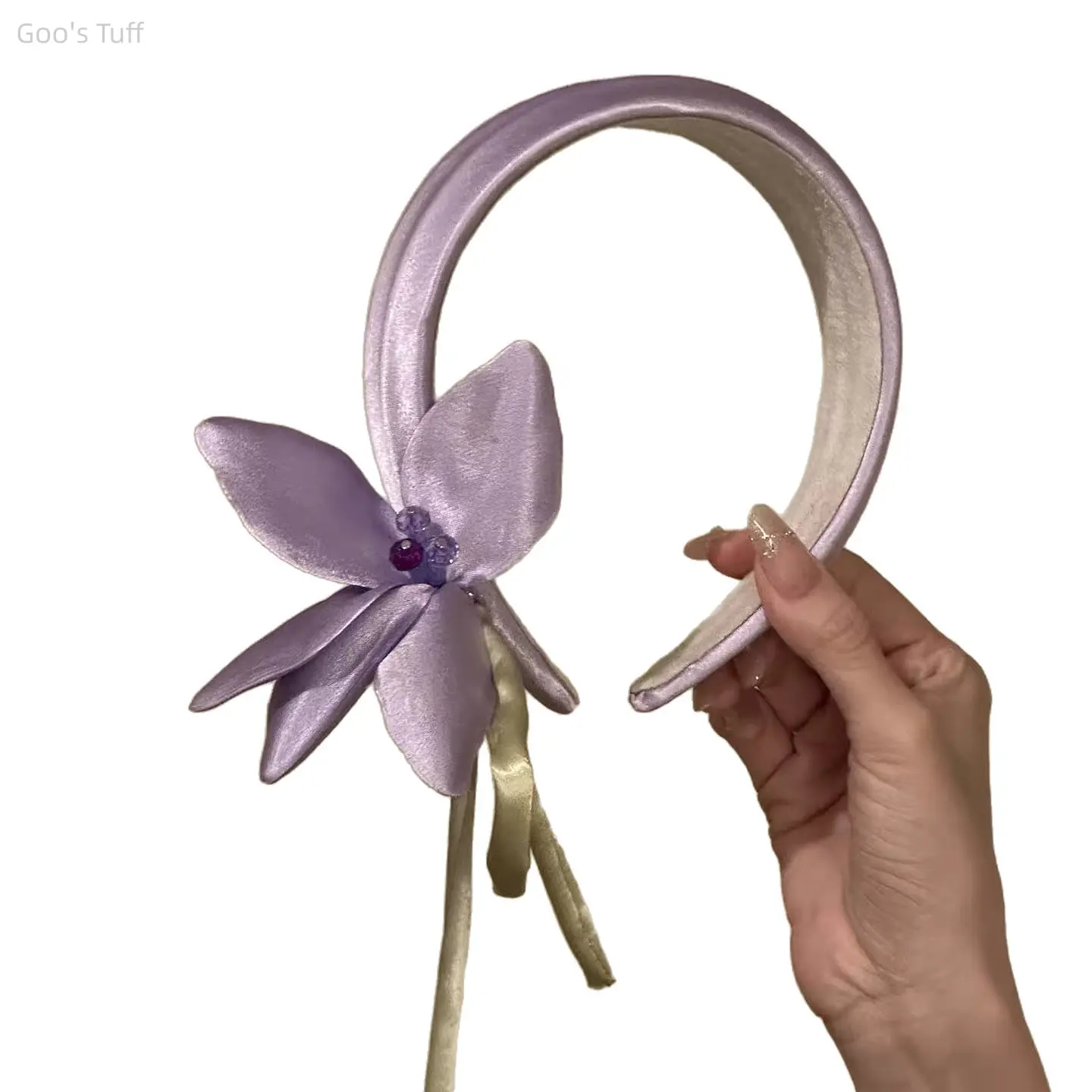 Female Elegant Plain Satin Headband - Bling Hair Fashion Accessory with Crystal Beads, Lily Floral Design, Ribbon, One-Size Casual Daily & Party Use Bead Detailed Hairpiece