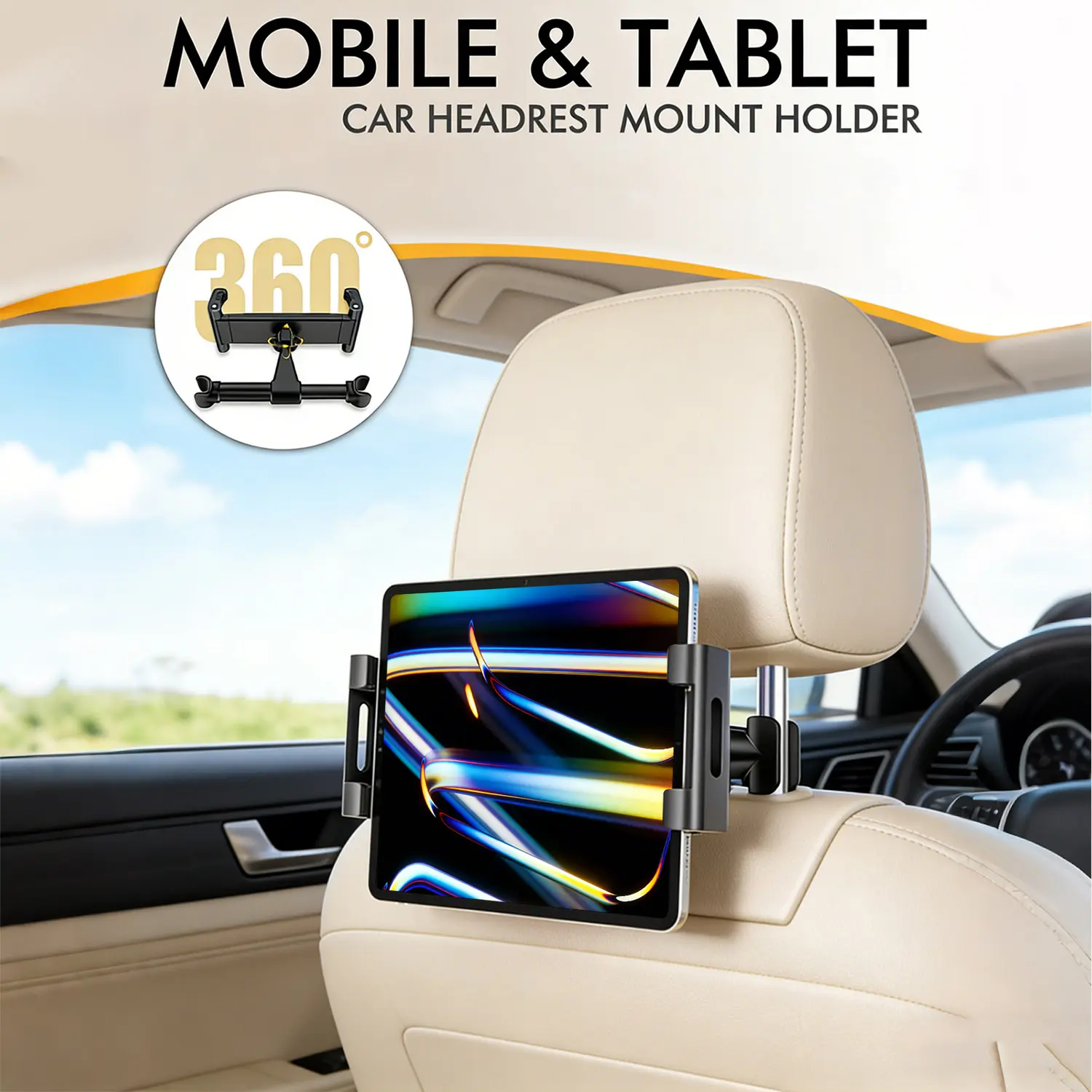Car Headrest Tablet Mount, 360° Rotatable Universal Car Back Seat Headrest Holder for 5.5-11 Inch Phones & Tablets, Stable Adjustable Car Headrest Bracket Phone Holder for iPad, iPhone, Samsung Galaxy, Rear Seat Entertainment Travel Accessory