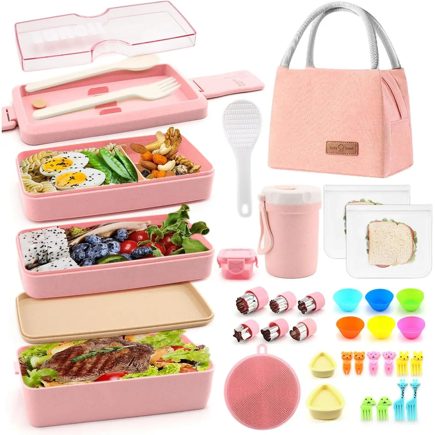 35 count Bento Box  Lunch Box Kit Leakproof Bento Lunch Box for  Adult Wheat Straw 3 Layer Stackable Lunch Container w Copartent Lunch Bag for Teen Prepy Girl eal Prep Containers ()