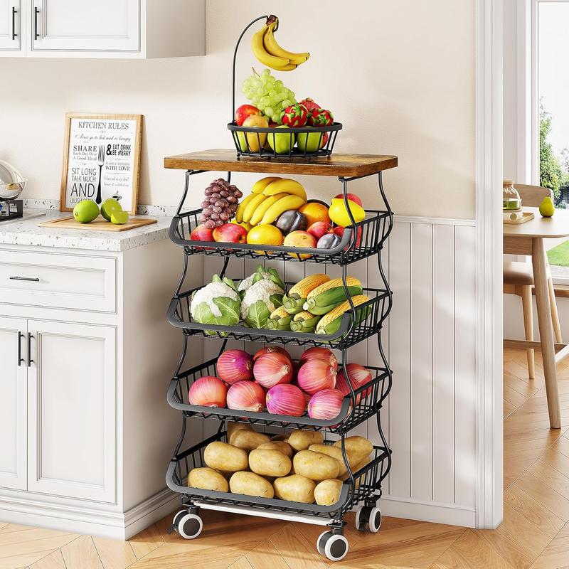 SNTD 5-Tier Rotating Fruit and Vegetable Basket Stand with Wooden Top, Farmhouse Kitchen Storage Organizer with Wheels