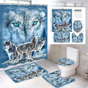 1/4pcs Wolf Howling at Moon Bathroom Set - Blue Shower Curtain, 2 Matching Bath Mats & Toilet Seat Cover with Snowy Forest Design, Perfect for Winter Solstice, Halloween, Christmas, Nordic/Icy Theme Decor, Shower Curtain Sets