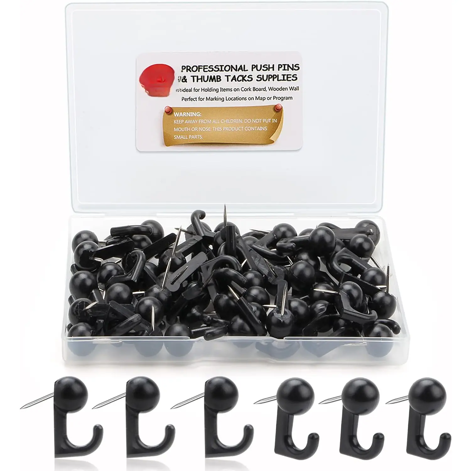 50 count Black Push Pin Hooks, Cork Board Pin-Hooks Decorative Thumb Tacks Hook for Photo Wall, Bulletin Board, Home Wall, Home Office School Pinning and Hanging