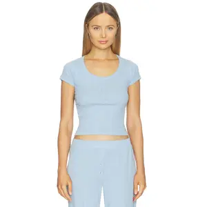 VIR VITA Pointelle Scoop Tee in Vintage Blue