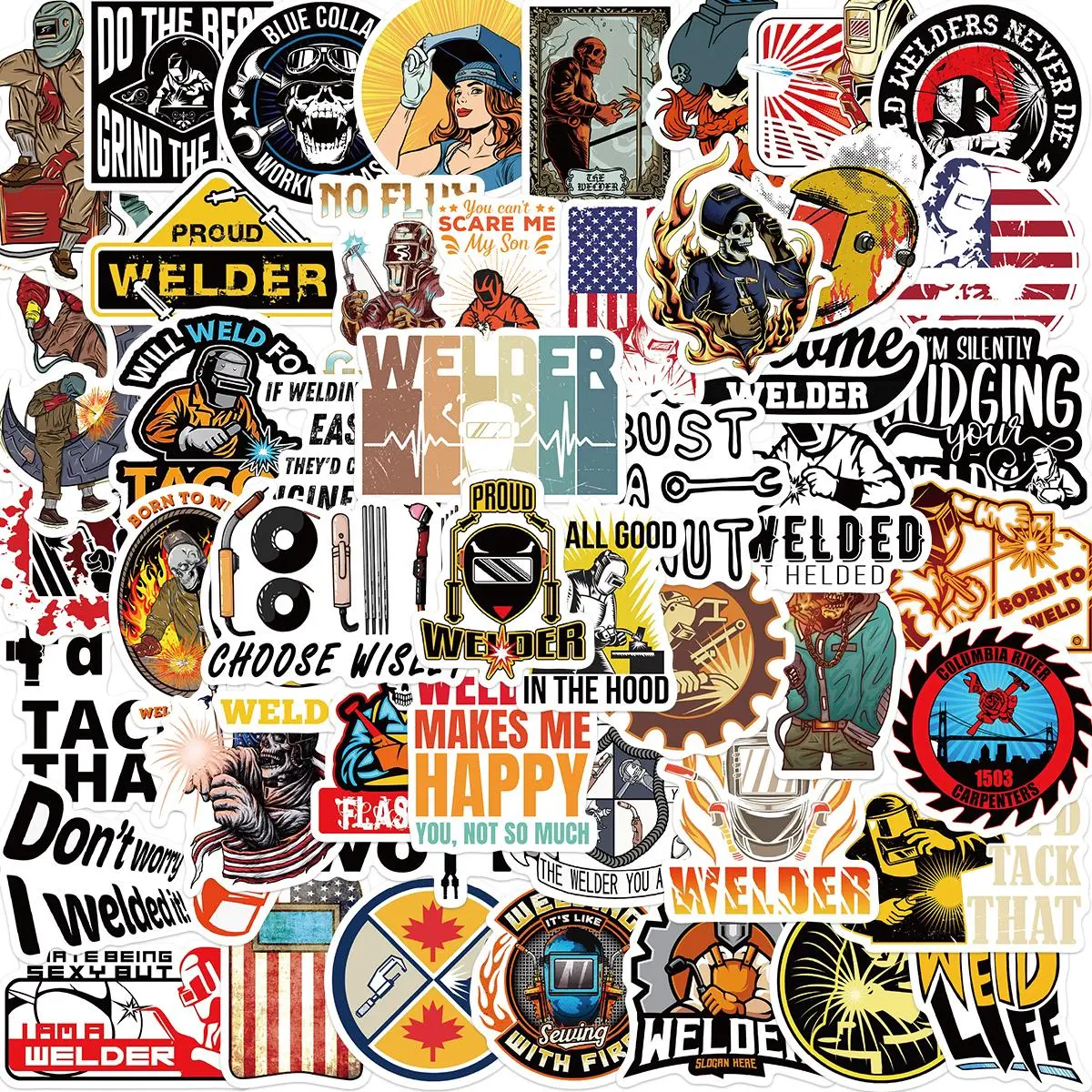 Welder Sticker, 50pcs/set Welder Sticker, DIY Decorative Sticker for Luggage Skateboard Motorcycle Refrigerator Notebook, Adhesive Stickers