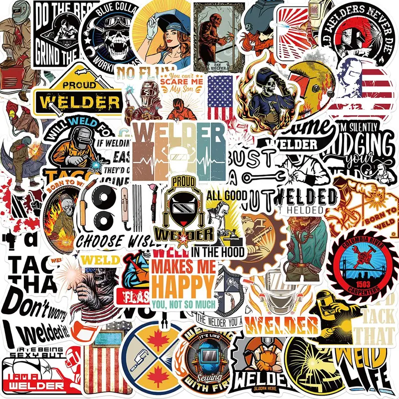Welder Sticker, 50pcs/set Welder Sticker, DIY Decorative Sticker for Luggage Skateboard Motorcycle Refrigerator Notebook, Adhesive Stickers
