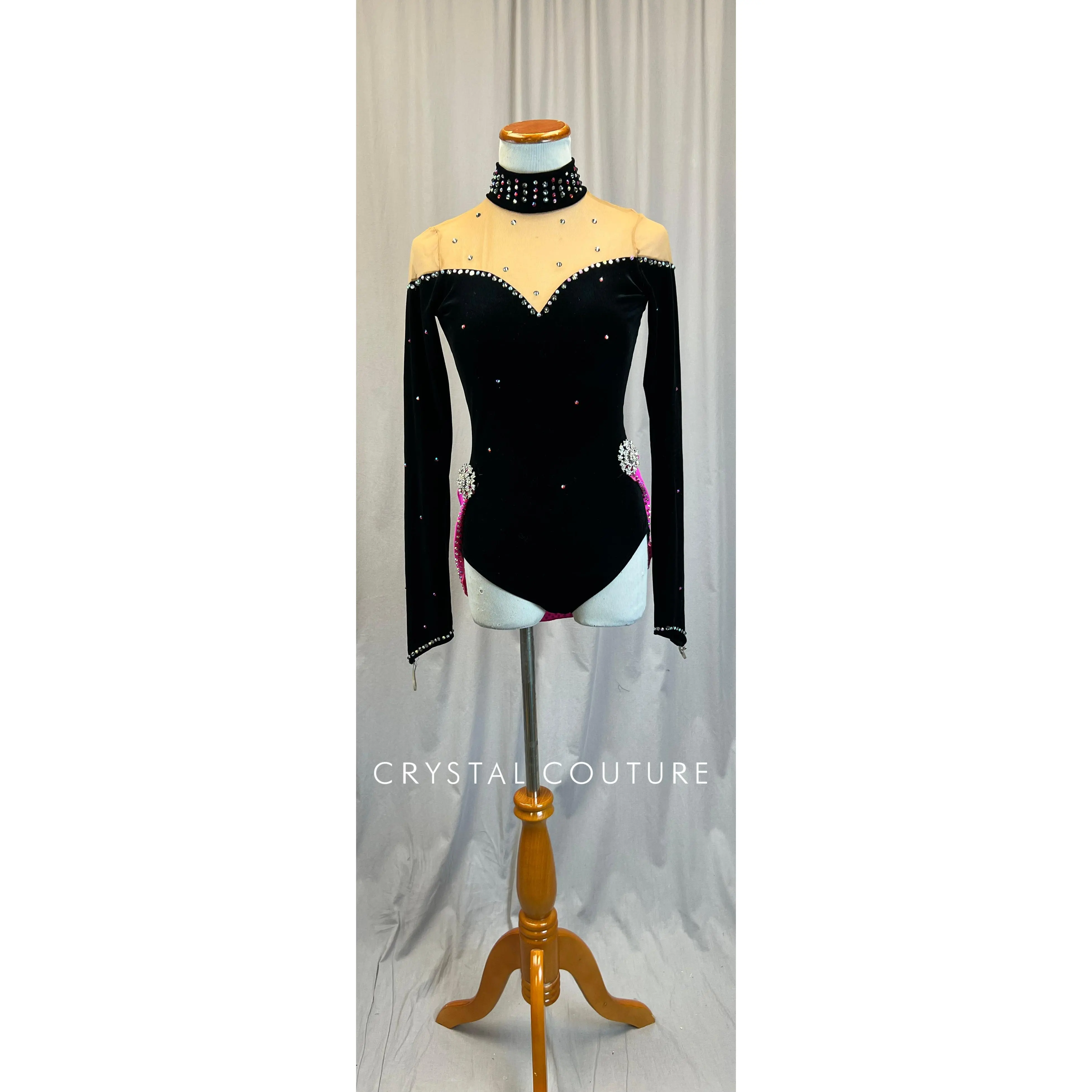 Black Velvet Long Sleeve Leotard with a Hot Pink Half Skirt - Rhinestones