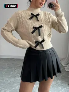 Women's Bowknot Turtle Neck Cable Knit Long Sleeve Pullover Sweater, Autumn/Winter Casual Cute Cozy Chic Fashion Soft Short Knit Top, Women Fall Outfit, Winter Sweater for Women, Cute Autumn Sweater Top, Knitwear