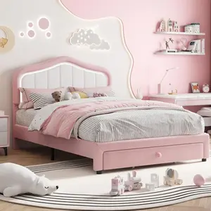 Upholstered Full Bed Frame with LED Lights - Velvet Storage Bed with Headboard & Noise-Free Slats for Kids/Teens (No Box Spring Needed),Pink+White