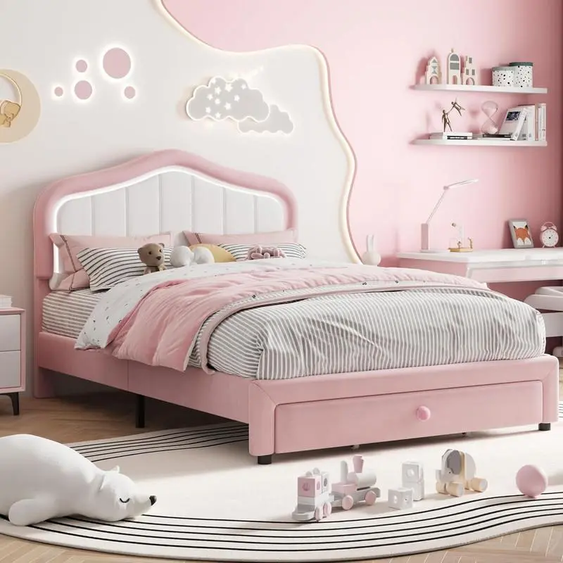 Gaomon Sturdy Velvet Upholstered Twin-Full Size Bed Frame - Kids Furniture Bedroom, Pink+White, LED Lights, Headboard, Noise-Free Slats, No Box Spring Needed, for Girls, Strong Support for Restful Sleep
