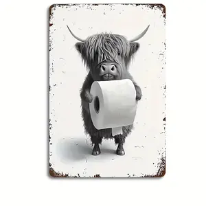 Whimsical Highland Cow with Toilet Paper Metal Sign – Charming Bathroom Wall Art, Quirky Farmhouse Decor