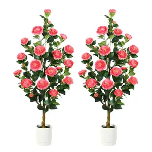 2 Pack 3/4FT Artificial Camellia Trees with Red & White Blooms and Pots, Faux Plants for Indoor Outdoor Home, Porch, Patio & Holiday Decor