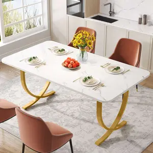 Spaco Modern Farmhouse Dining Table for 6-8,63-InchRectangular Faux Marble Top Table, Rustic Chic Kitchen & Dining Room Table