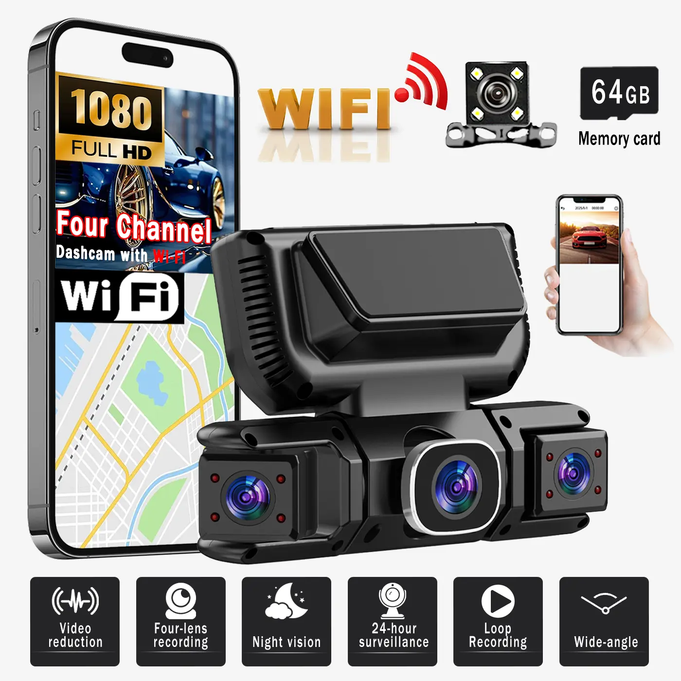BCUOZ 360-Degree 4-Channel Dash Cam, 1080p FHD Dash Cam, featuring Wi-Fi, night vision, and emergency recording lock, and comes with a free 64GB memory card. Dash Cam, In-Car Dash Cam Wifi Dash Camera Car Security Camera Hd Driving Recorder