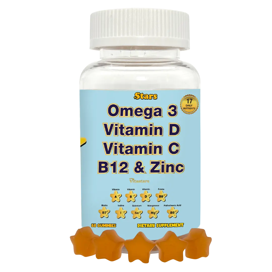 Vitastars Adult Stars Multi-Vitamin Gummy: All Natural Plant Based with Omega 3, Vitamin D, B Complex, Zinc, C, Selenium, Gluten Free, Allergen Free, Dye Free 2 A Day Supplement - Dietary