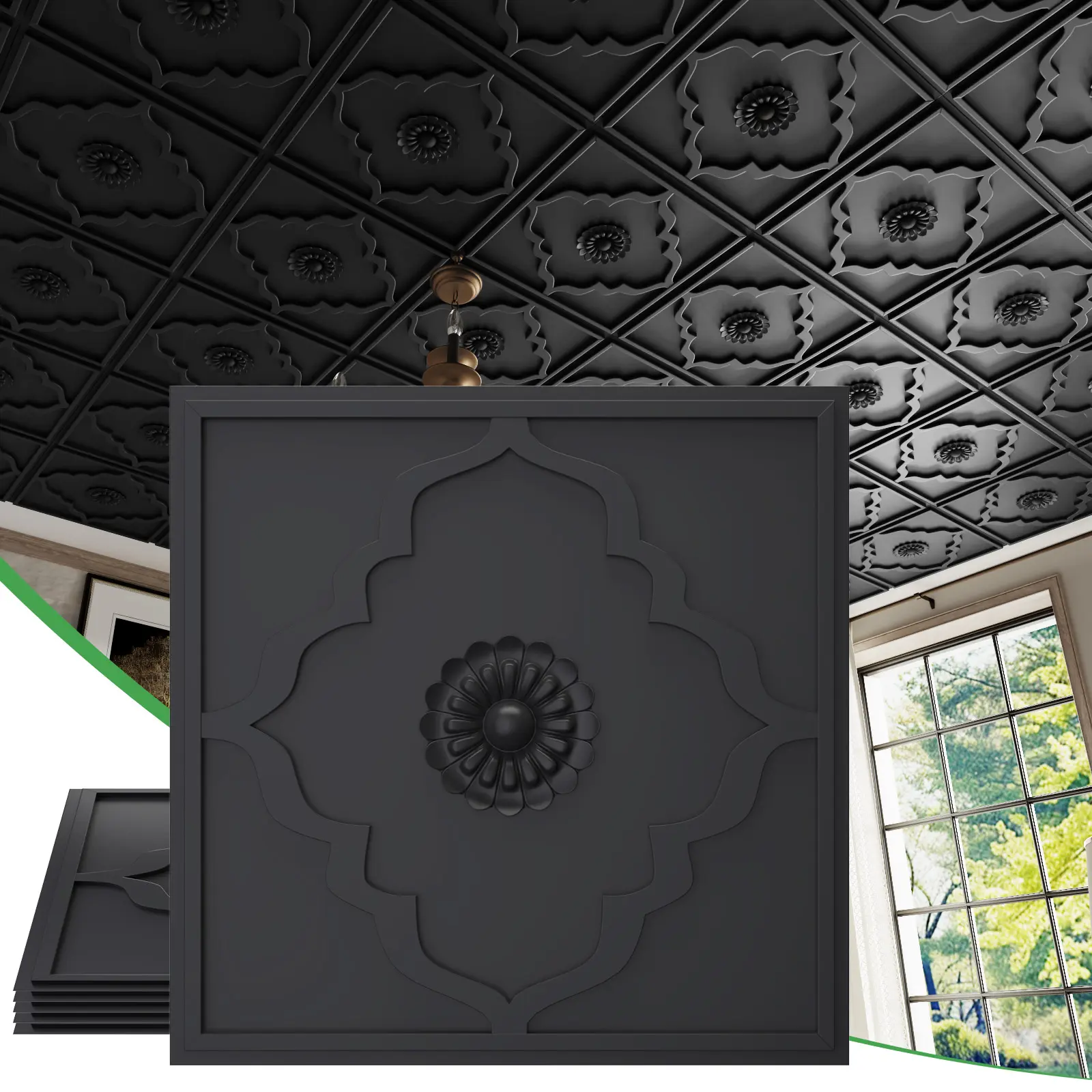 LOOYEE 24 PCS 2x2 FT Black Floral Diamond Geometric PVC Ceiling Tiles, 24x24 in 3D Modern Minimalist Waterproof Fireproof Cuttable Lightweight Panels, Fit 15/16" T-Bar Grid Systems, Ideal for Bathroom, Kitchen, Commercial Spaces (Covers 96 Sq.Ft)