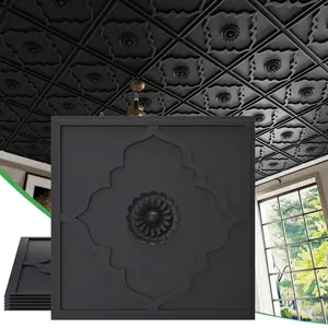 LOOYEE 24 PCS 2x2 FT Black Floral Diamond Grid Decorative Ceiling Tiles, 24x24 Inch 3D Modern Minimalist Ceiling Panels, PVC Waterproof Cuttable Material Ideal for Living Room Bedroom Cover 96 Sq.Ft