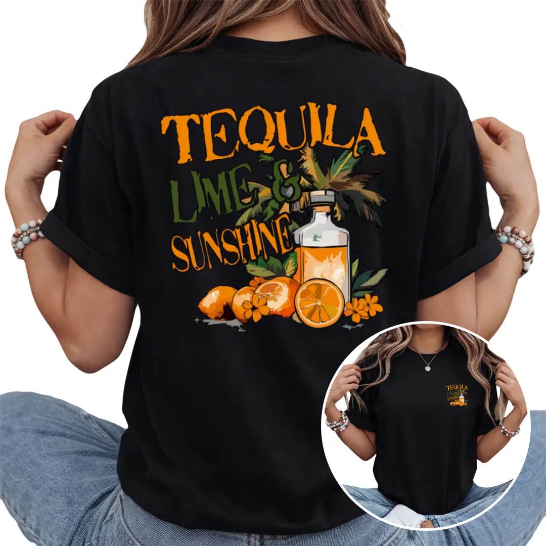Women's Y2K Vintage Tee - Funny Tequila & Margarita Party Shirt with "Tequila & Sunshine" Slogan - Lightweight Stretchy Casual Beach Top for Summer, Birthday Gift for Women (Machine Washable)