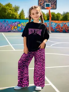 Two-piece Set Girl's Leopard  Letter Print Tee & Pants Set, Casual Fashion Round Neck Short Sleeve T-shirt & Trousers for Daily Outdoor Wear, Kids Clothing for Summer, Casual Outfit Set