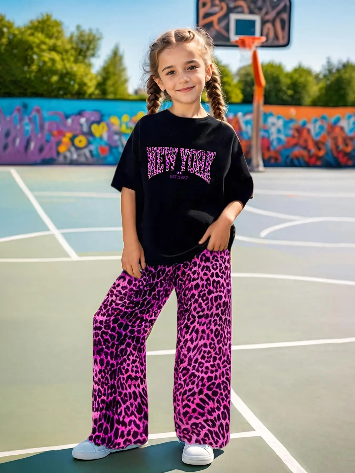 Two-piece Set Girl's Leopard Letter Print Tee & Pants Set, Casual Fashion Round Neck Short Sleeve T-shirt & Trousers for Daily Outdoor Wear, Kids Clo