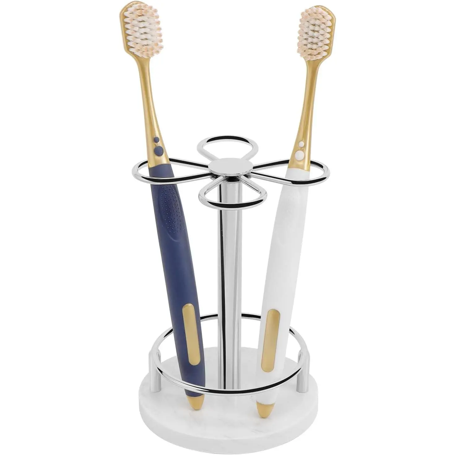 Toothbrush Holder Stand for Bathroom, Metal Toothbrush Organizer with Marble Base, Toothbrush Storage Collection for Family, Suitable for Home Hotel Countertop Vanity (Small, Chrome Finish)