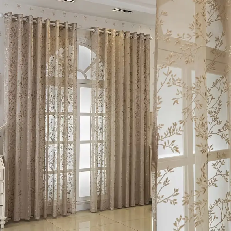Vintage Bohemian Plant Embroidered Semi-Transparent Curtain Panel, with Hanging Holes, for Bedroom Living Room Balcony Partition, Grommet Curtains