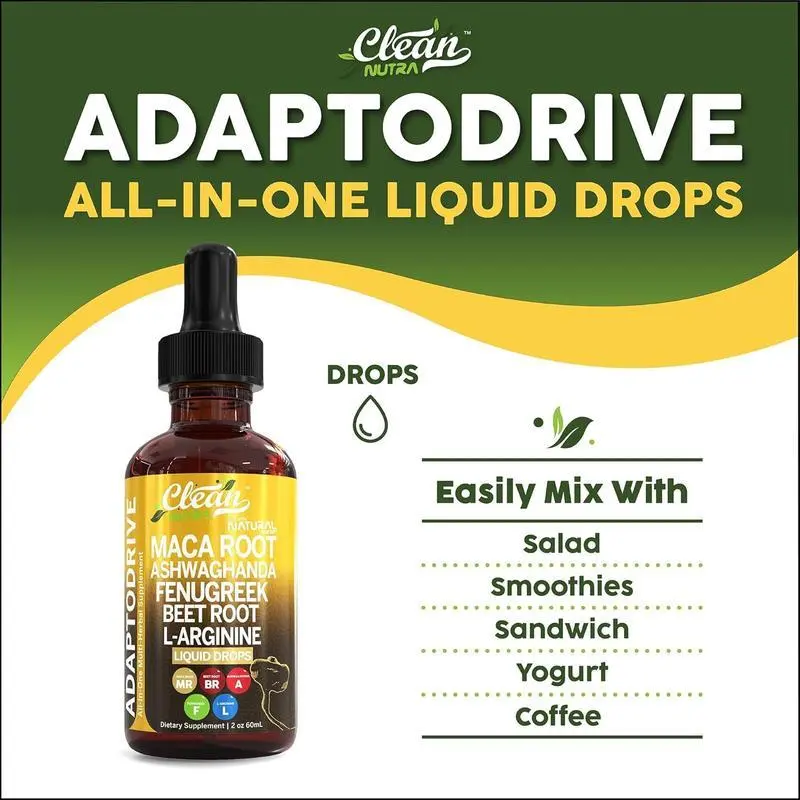 Organic Maca Root Liquid Drops with Ashwagandha, Fenugreek, Beet Root and L-Arginine Liquid Multivitamin for Women and Men - Adapto Drive Supplement