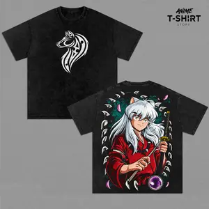 Inuyasha Vintage Washed Shirt Anime Graphic Tee Feudal Fairy Tale Streetwear Oversized Unisex Gift for Inuyasha Fans