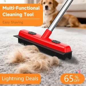 Multi-Functional Pet Hair Removal Broom with Squeegee Edge Adjustable Long Handle Soft Bristles for Indoor Outdoor Multi-Surface Carpet Cleaning Tool Shedding Grooming Kit