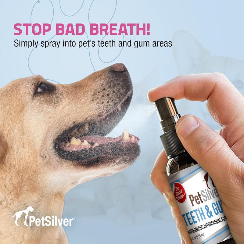 PetSilver Teeth & Gum Spray, Natural Dog Breath Freshener, Cat and Dog Dental Cleaning without Brushing, Patented Silver, Dog Dental Spray, USA, 4 oz.