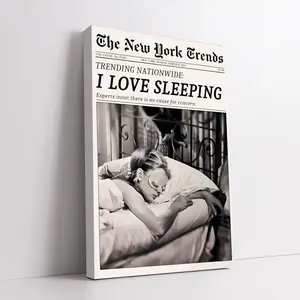 Vintage Newspaper-Style "I Love Sleeping" Funny Quote Art Print, Black and White Aesthetic, Retro Humor, Minimalist Typography, Industrial Hangable Frameless Waterproof Wall Decoration, Cozy Sleep Lover Gift for Bedroom, Water Proof